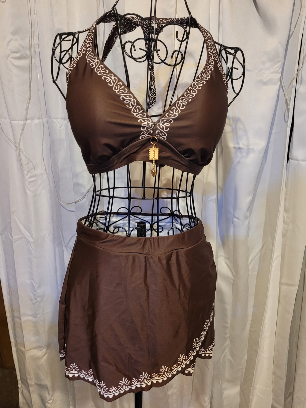 Amazon Brown Halter Bikini Set with White Embroidered Trim